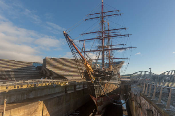 Dundee, UK - November 11, 2023: Modern V&A building and RSS Discovery ship at coast of dundee scotland england UK