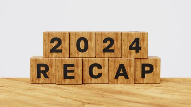 2023 Recap economy, business, financial summary, business review concept. Business plan for 2025. Wooden cube flips from 2023 Recap to 2024 Recap. 4k 3d animation