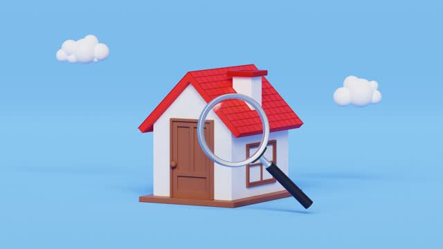 Property appraisal or price evaluation concept. Housing assessment for market value, residential sale, real estate investment concept. Searching for house or property with magnifier. 3D loop animation
