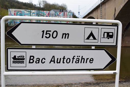 Wasserbillig, Luxembourg - 11/30/2023: sign to ferry and camping site