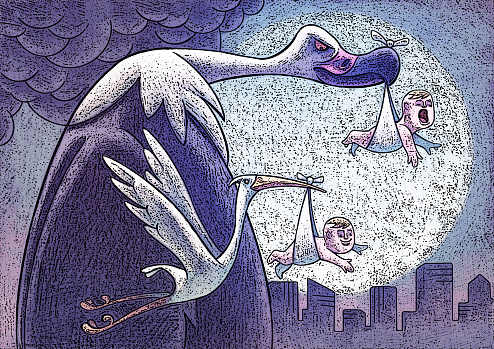 digital painting / raster illustration of vulture and stork delivering babies at night