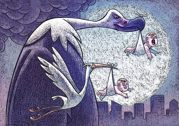 vulture and stork delivering babies at night digital painting / raster illustration of vulture and stork delivering babies at night funny pregnancy announcements stock illustrations
