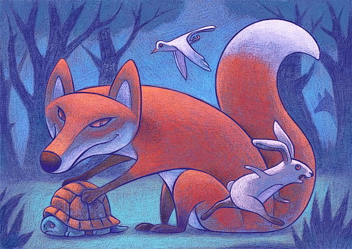 digital painting / raster illustration of rabbit running away while fox catching tortoise