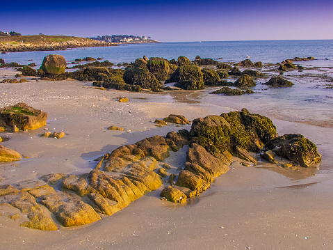 The beach and coastline at Carnac Morbihan Brittany France.