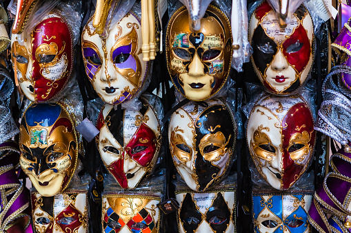 Colorful masks of the Carnival of Venice, famous festival worldwide, Venice, Veneto, Italy, Europe
