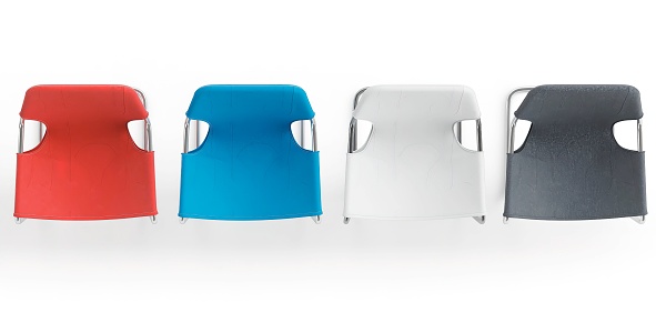 A 3D rendering of colorful plastic chairs on a white background