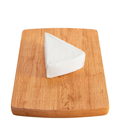 A 3D rendering of a goat cheese on a cutting board on a white background