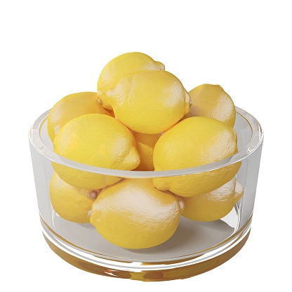 A 3D rendering of a bowl of lemons on a white background
