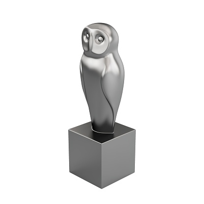 A 3D rendering of a decorative metallic owl on a white background