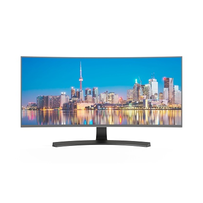 A 3D rendering of a TV with skyscrapers on the screen on a white background
