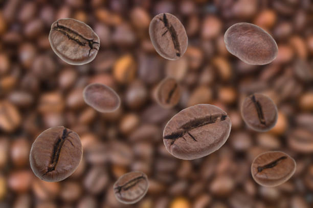 Falling coffee beans. Flying defocused coffee beans. Used for cafe advertising, packaging, menu design