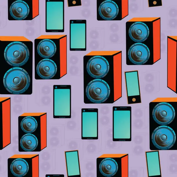 Vector illustration of Soundspeaker and digital tablet seamless pattern