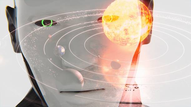 Humanoid robot. Solar system and the sun overlay.