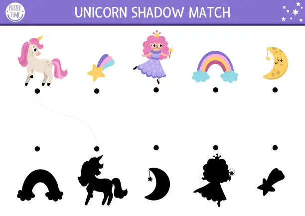 Vector illustration of Unicorn shadow matching activity with rainbow, fairy, falling star, half-moon. Magic world puzzle with cute characters. Find correct silhouette printable worksheet, game. Fairytale page for kids