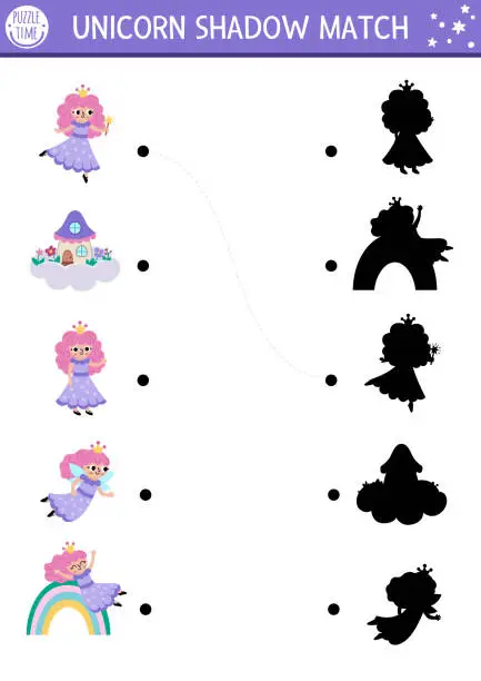 Vector illustration of Shadow matching activity with little fairies in purple dress. Magic world puzzle with cute character. Find correct silhouette printable worksheet, game. Fairytale page for kids with little unicorn princess