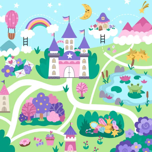 Vector illustration of Unicorn village map. Fairytale background. Vector magic country scenes infographic elements with castle, rainbow, forest, pond, road. Fantasy world square plan with fallen stars, treasures