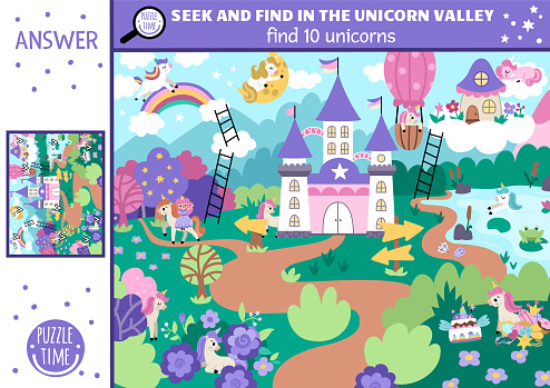 Vector searching game with magic village landscape. Spot hidden unicorns. Simple fantasy or fairytale world seek and find educational printable activity for kids with castle, rainbow, forest