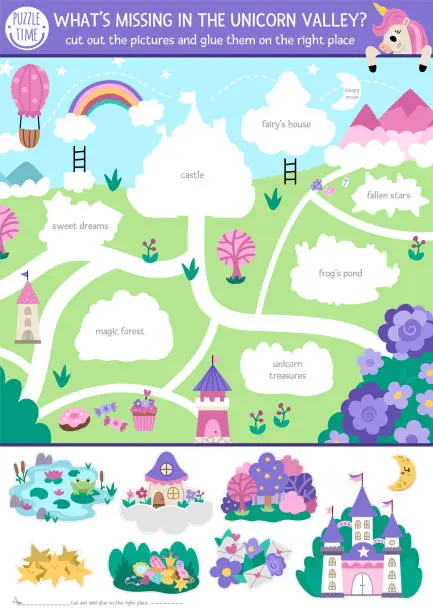 Vector illustration of Vector unicorn cut and glue activity. Crafting game with cute magic village landscape map. Fairytale printable worksheet for children. Find the right piece of the puzzle. Complete the picture