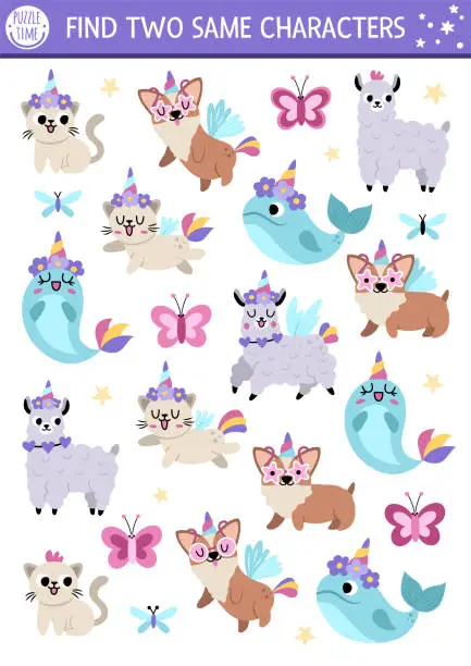 Vector illustration of Find two same unicorn animals. Magic world matching activity for children. Fantasy or fairytale educational quiz worksheet for kids for attention skills. Simple printable game