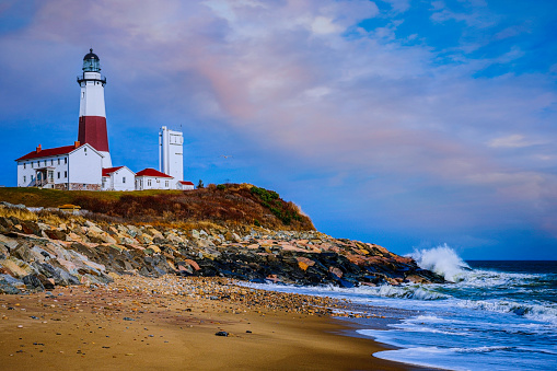 Montauk Point Light, the historic 1796 lighthouse authorized under President George Washington, located at Montauk Point State Park in Long Island, Suffolk County, New York