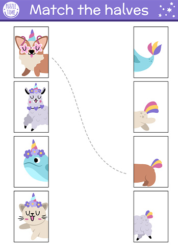 Unicorn connect the halves worksheet.  Fairytale matching game for preschool children with animals with horns and rainbow tails. Match heads and tails activity with cat, corgi dog, llama, narval