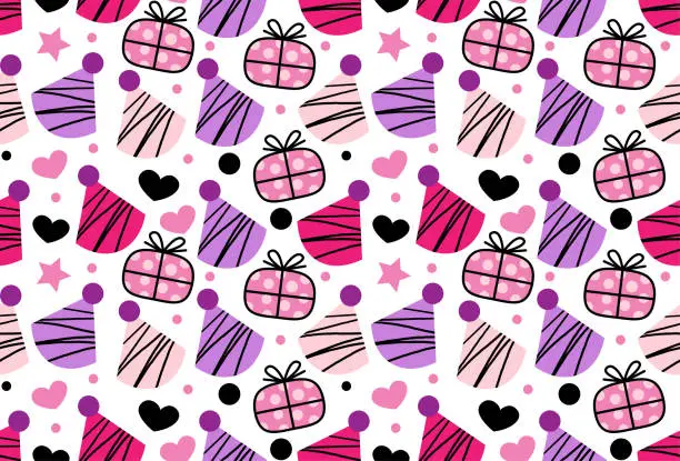 Vector illustration of Birthday seamless pattern with cute colorful presents and birthday cap