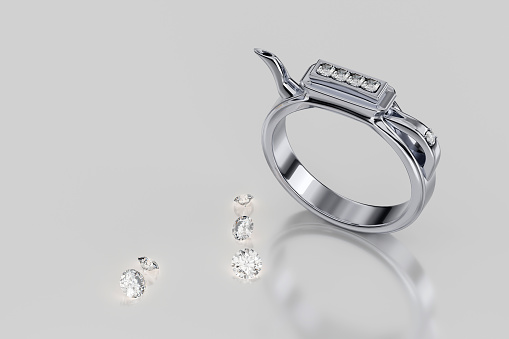 Platinum diamond ring on a white background. 3D rendering.