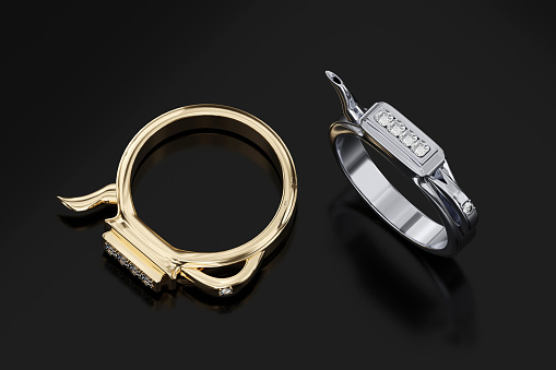 Gold and platinum diamond ring on a black background. 3D rendering.