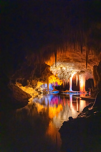 The beautiful colors of stalagtites and stalagmites in Lake Cave, Western Australia.