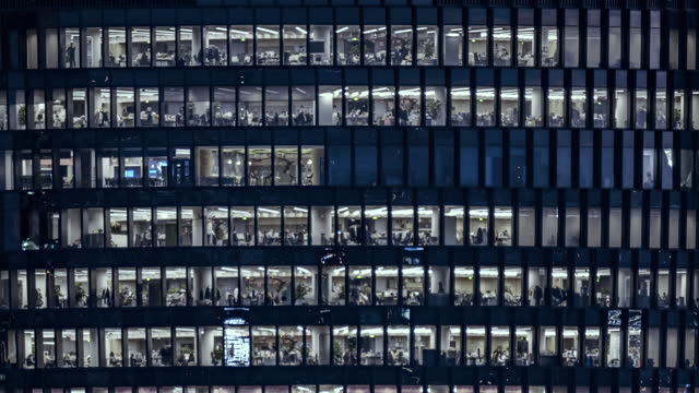 T/L Crowded Business People Working in Office Building, from Day to Night