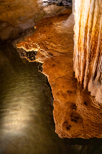 The beautiful colors of stalagtites and stalagmites in Lake Cave, Western Australia.