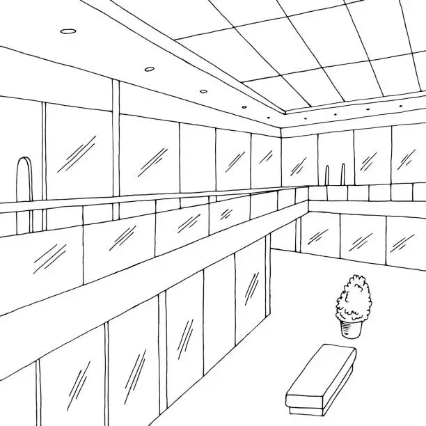 Vector illustration of Shopping mall graphic black white interior sketch illustration vector