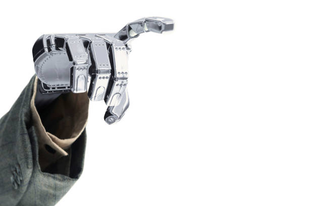 Robot hand in business suit reaching something isolated over white background