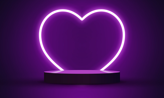 Neon heart shape, empty space, ultraviolet light, 80's retro style, fashion show stage podium, abstract background, illuminate frame design. Abstract cosmic vibrant heart led light