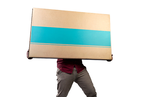 People carrying a large packet for delivering isolated over a white background. Delivery service concept