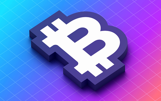 Bitcoin 3D render symbol gradient background with space for copy.