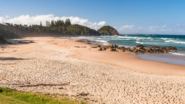 istock Australian coast with rocks on the seafront with a long sandy beach, view from the beach to the seaside landscape on a summer sunny day. 1982433904