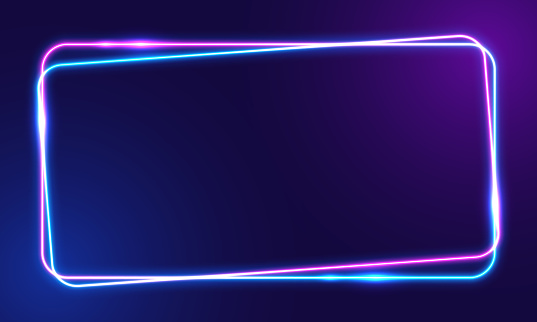 Vector 3d render, square glowing in the dark, pink blue neon light, illuminate frame design. Abstract cosmic vibrant color backdrop. Glowing neon light. Neon frame with rounded corners.
