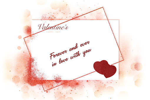 Valentines day concept with a romantic card with red hearts, bokeh and handwritten declaration of love. Horizontal format
