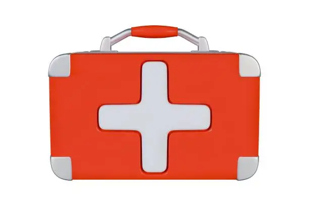 Vector illustration of 3d red suitcase first aid kit. Medical icon. Cartoon style. Front view. Gradient mesh. Stock vector illustration on isolated background.