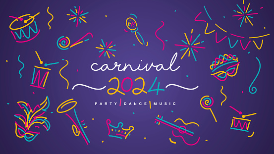 Spring Carnival Design Carnival 2024 Elements Banner Mask Drums Rattles Guitar Fanfare Whistle ...