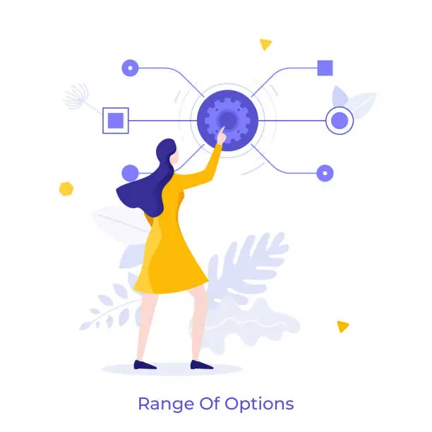 Vector illustration of Woman pushing gearwheel button and looking at dropdown menu. Concept of range of options, choosing between different features, selection of alternatives. Modern flat vector illustration for banner.