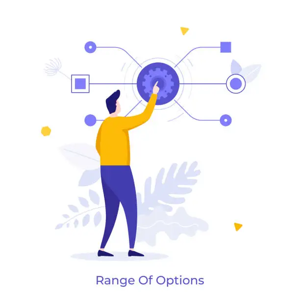 Vector illustration of Man pushing gearwheel button and looking at dropdown menu. Concept of range of options, choosing between different features, selection of alternatives. Modern flat vector illustration for banner.