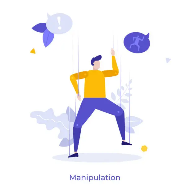 Vector illustration of Person, puppet or marionette hanged and moved by strings. Concept of control and manipulation, affect and influence, power over human behavior. Modern flat vector illustration for banner, poster.