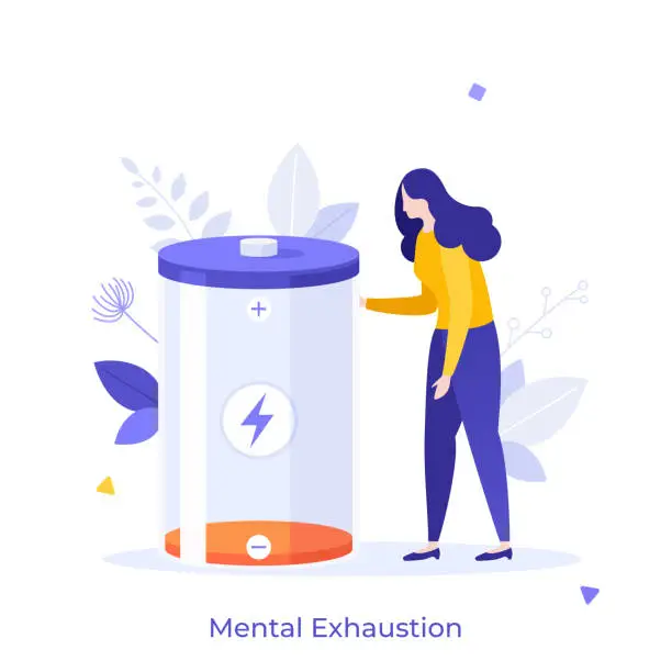 Vector illustration of Woman and low battery charge. Concept of mental exhaustion, occupational burnout, chronic fatigue syndrome, emotional depletion, physical tiredness, weakness. Flat vector illustration for banner.