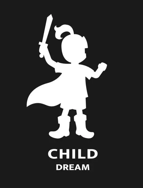 Vector illustration of A child in a knight s costume on a dark background.