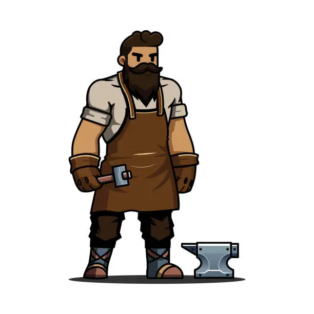 Vector illustration of Illustration of a blacksmith character with a hammer and iron forging tools