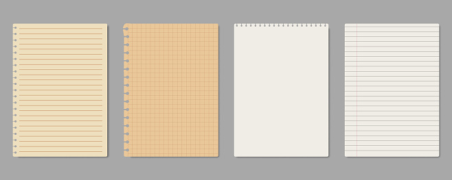 Set of realistic sheets of notebook paper isolated on gray background. Vector illustration.