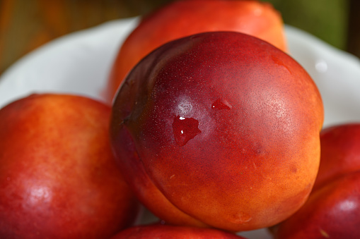 Wet juicy nectarine fruit close up
