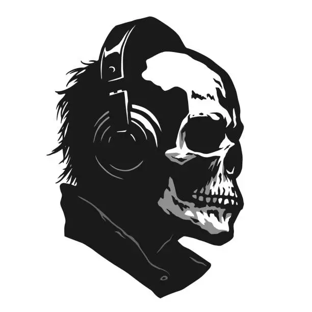 Vector illustration of Skull in headphones. T-shirt print design. Vector illustration.